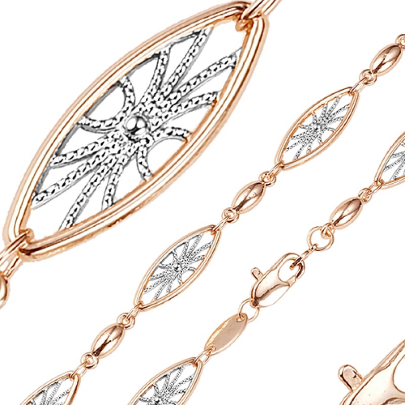 Apzeltīta rokassprādze Iestrādātu ovālajā rāmī mozaīkas fancy tīkla posmu un ovālu posmu virkne